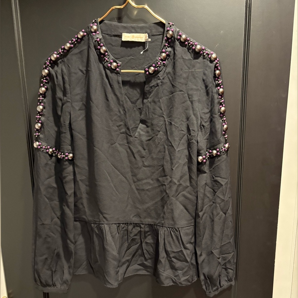 Tory Burch Black Blouse silk Purple Embellishments beading hippie peasant top
